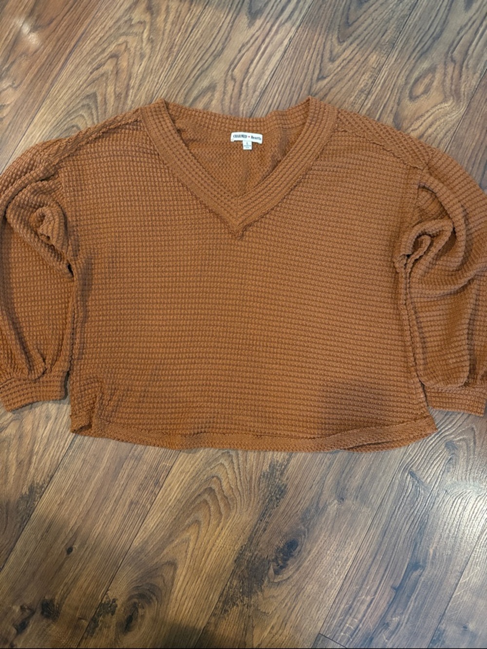 Charmed Hearts Waffle V-Neck Sweater in Rust Brown